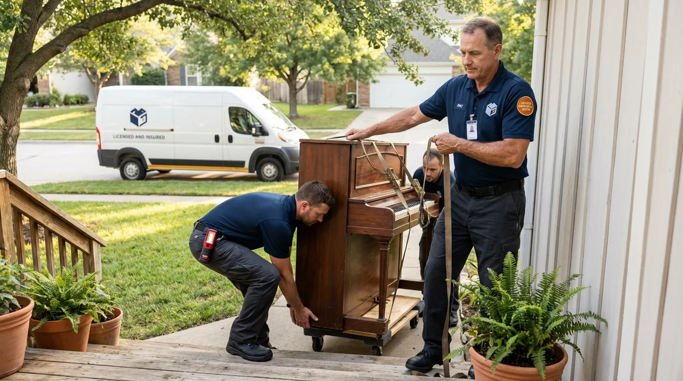 Licensed piano movers securing grand piano in Ketchum, ID