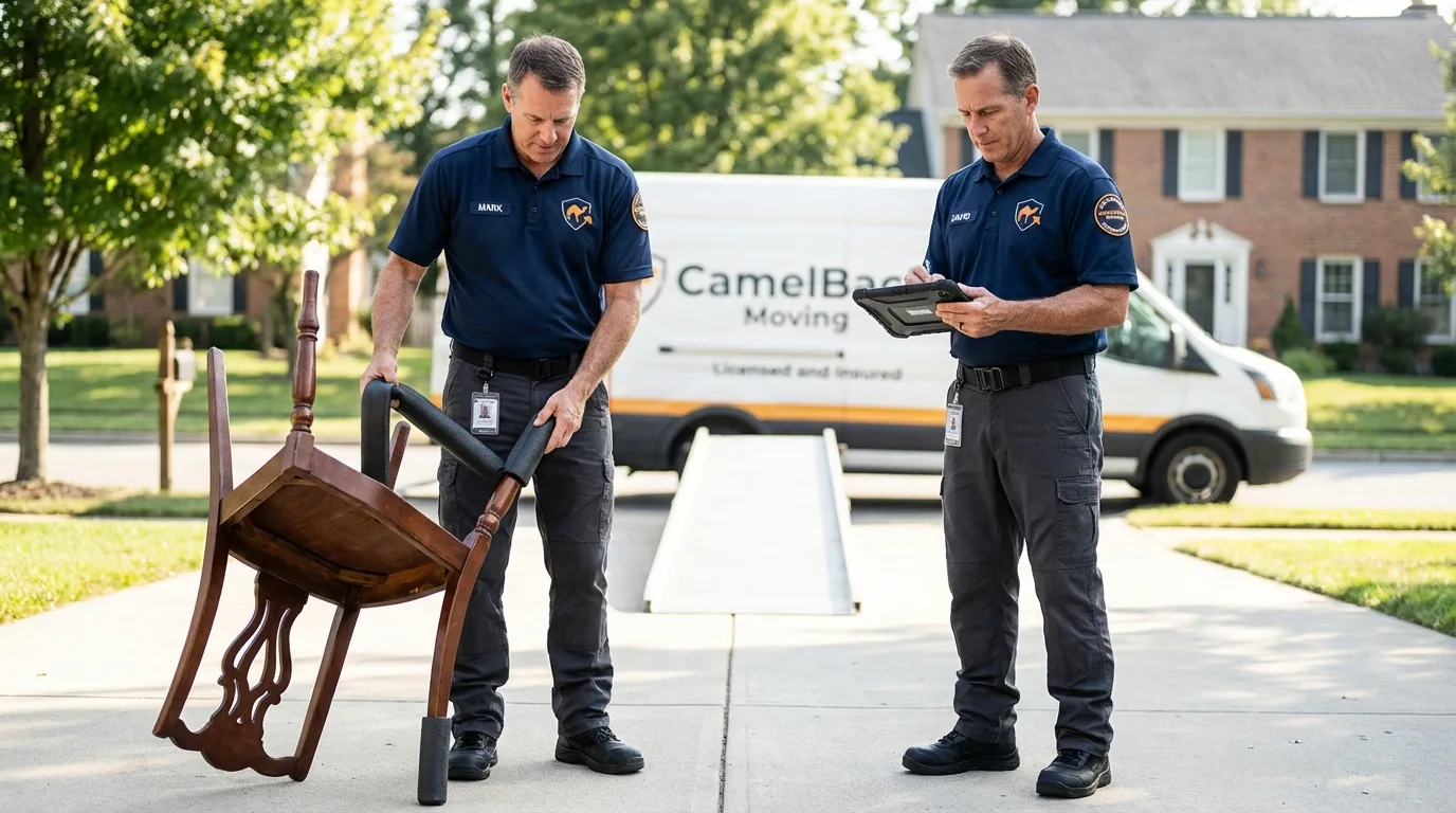 Movers inspecting furniture for damage prevention before loading in Ketchum, ID
